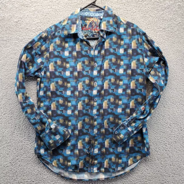 Robert Graham Mens Long Sleeve Shirt Blue Size Medium  Abstract Flip Cuff