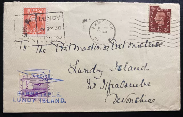 1938 Lundy Channel Island England Airmail Cover To Devonshire Via Exmouth 2