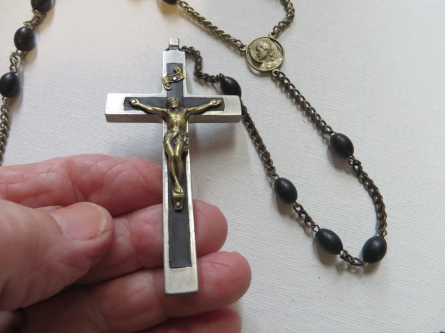  ANTIQUE LARGE ROSARY/German Crucifix/Brass Adornments/Wood Beads/GOOD CONDITION
