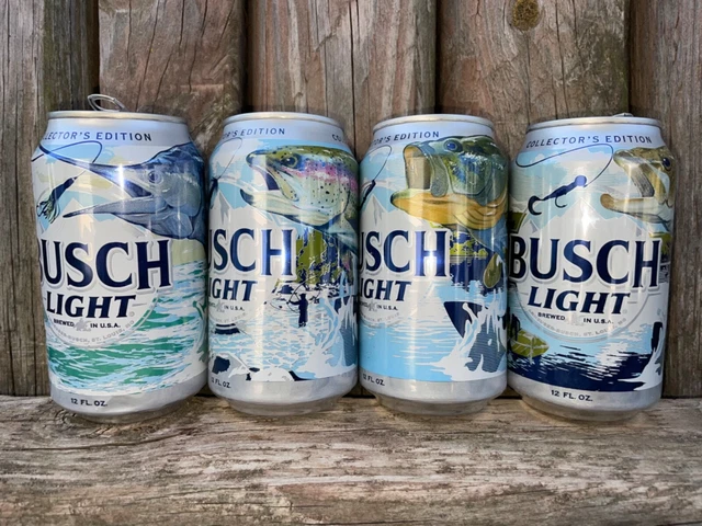 Busch light Beer 2023 set of 4 Fishing Cans.  Bass, Trout, Walleye, and Marlin.