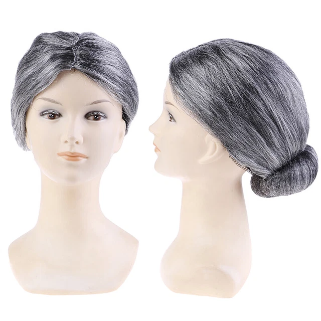 Parrucca grigia vecchia signora nonna nonna panino capelli nonna costume abito elegante^