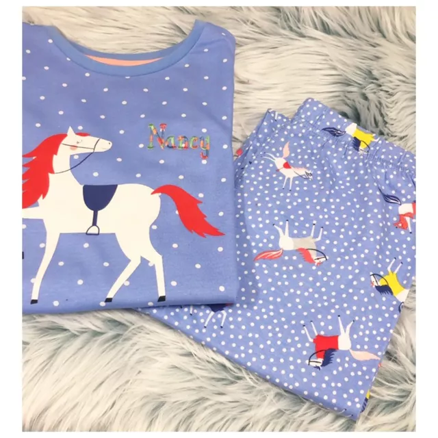Personalised Embroidered Girls Light Blue Horse Print Pyjamas Age 1 to 12 years