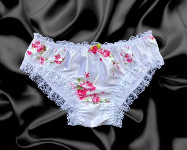 WHITE PINK SATIN Floral Frilly Lace Sissy Bikini Knickers Panties