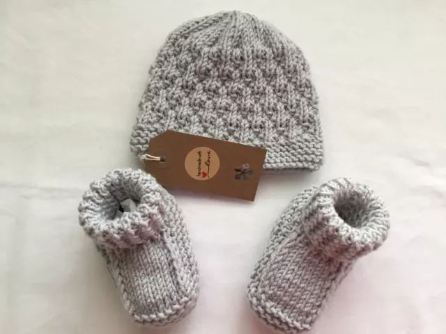 New Born Baby Hat And Bootees In Silver Grey - Hand Knitted 0 - 3 Months