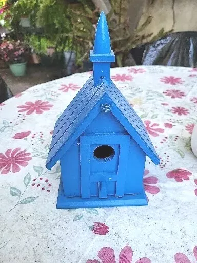 Wooden Birdhouse Framed-Door Style With Chimney, Painted Deep Blue Free-Standing