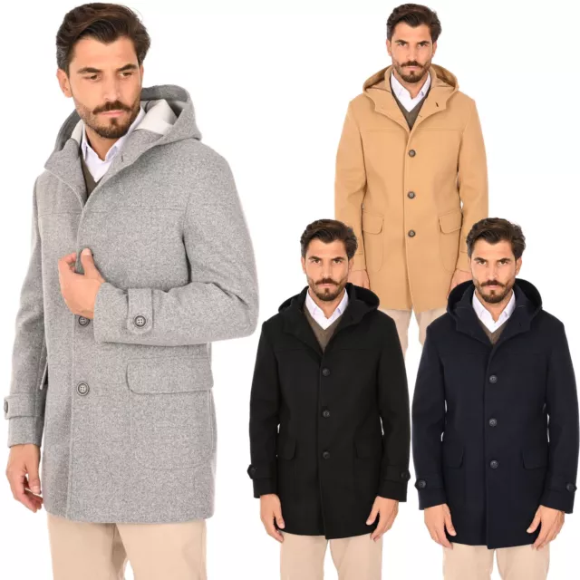 Montgomery Uomo Invernale con Cappuccio Made in Italy Cappotto Lungo Elegante