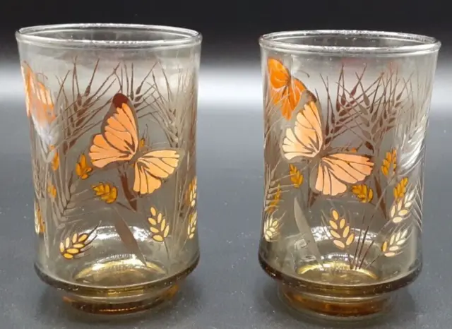 Vintage Set of 2 Libbey Monarch Butterfly / Wheat Juice Glasses Amber 3 5/8”