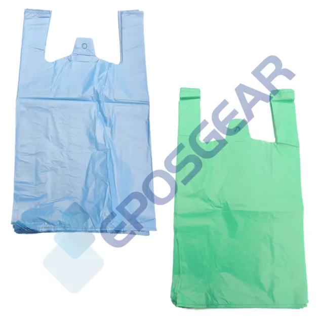 Large Jumbo Blue Green Strong Recycled Eco Plastic Vest Shopping Carrier Bags