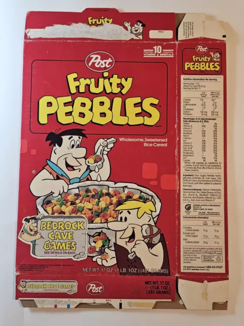 1993 POST FRUITY PEBBLES Empty CEREAL BOX Flat Flinstones Bedrock Cave Games