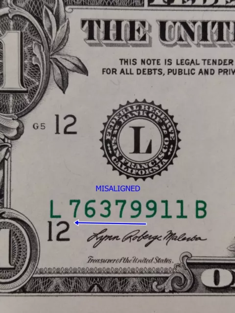 2021 NEW $1 DOLLAR BILL WITH MISALIGNMENT ERROR on serial numbers{ L 76379911 B}