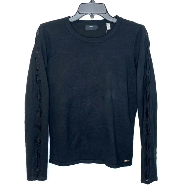 T Tahari NWT $58 S Black Lace Sleeve Crew Neck Sweater