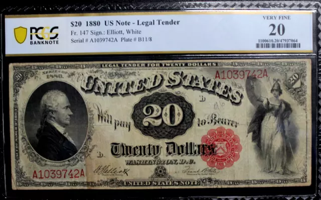 1880 $20 LEGAL TENDER Fr 147 PCGS VERY FINE 20  BRIGHT RED SEAL  ELLIOT WHITE
