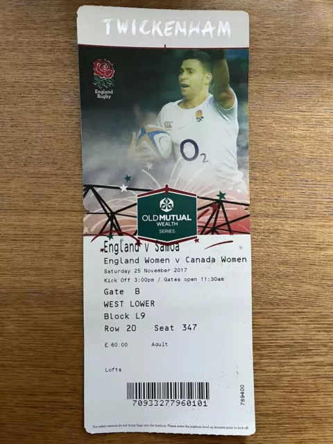 England v Samoa 25th Nov 2017 Used Rugby Union International Ticket Twickenham
