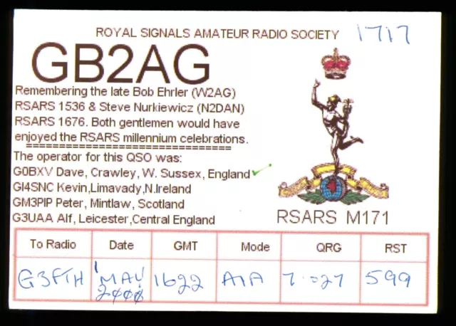 1 x QSL Card Radio UK RSARS M171 GB2AG 2000 Remembering late W2AG & N2DAN ≠ T781