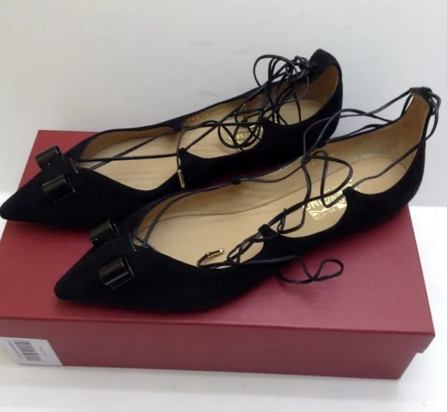 SALVATORE FERRAGAMO Black Suede "Claire" Lace Up Ballet Flats various sizes BNIB