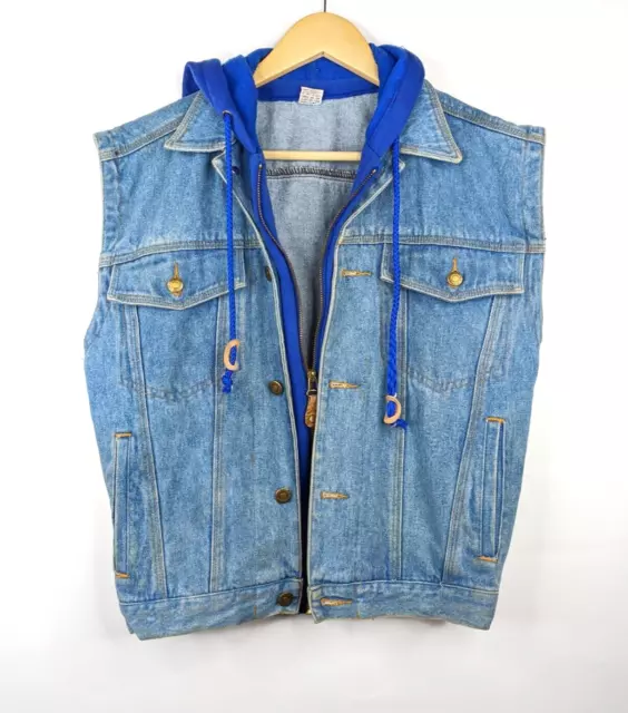 Vintage 80s 90s Blue Denim Vest Hooded Zip Grunge Rock Biker Size M Pockets