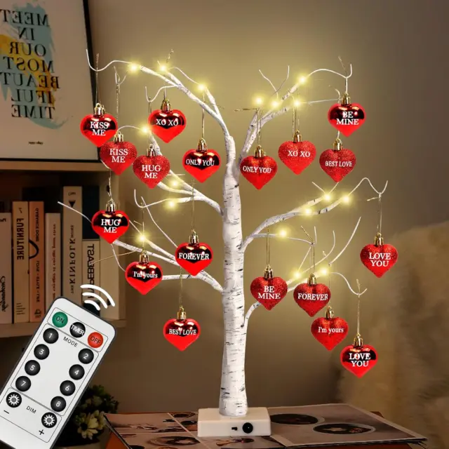24" Valentine'S Day LED Lighted Birch Tree with 18Pcs Ornaments,Warm White LED B