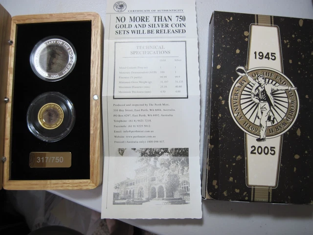 Perth Mint 60th Anniversary, end of WWII, gold and silver proof, coin set