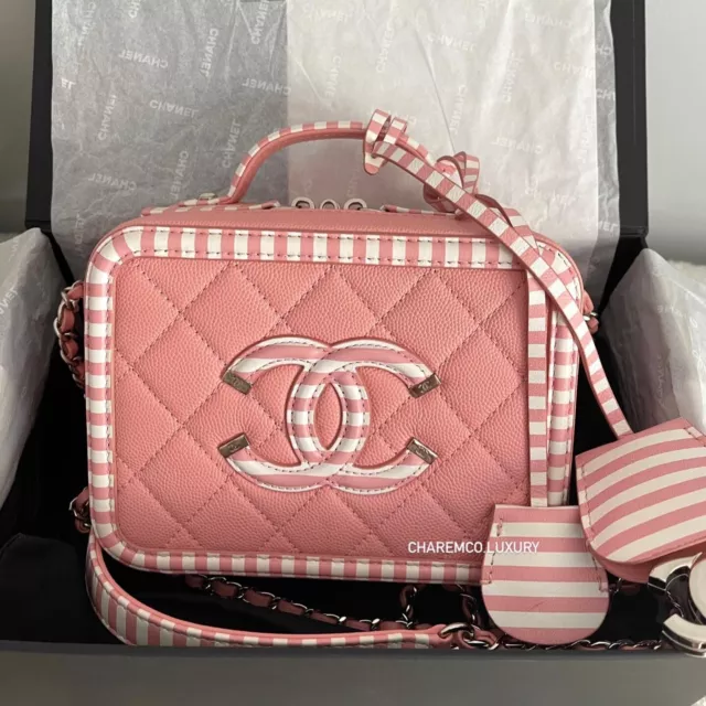RARE! 🌸19C CHANEL Caviar Vanity Filigree CC 🌸 Small Pink Stripe Case SHW Bag
