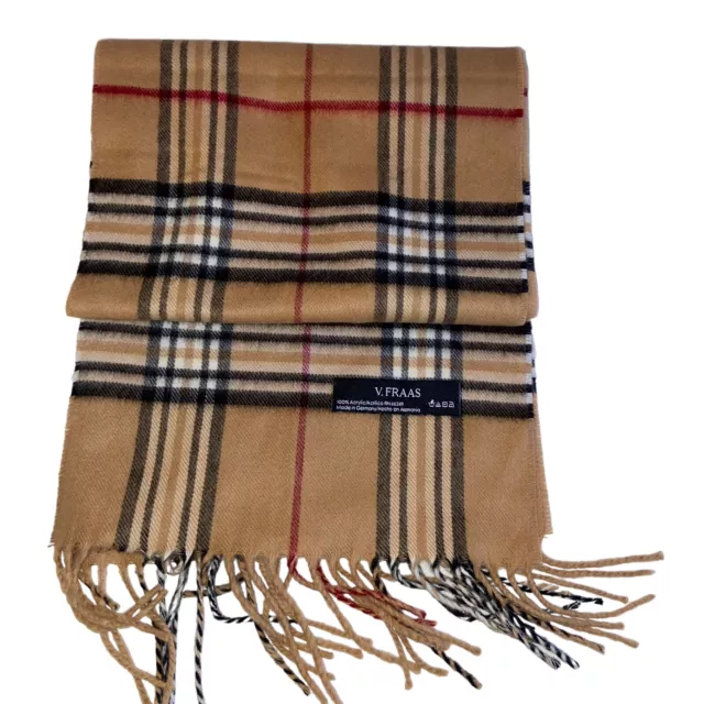 V Fraas Germany Mens Womens Scarf Tan Red Black Plaid Acrylic Tartan Fringe Soft