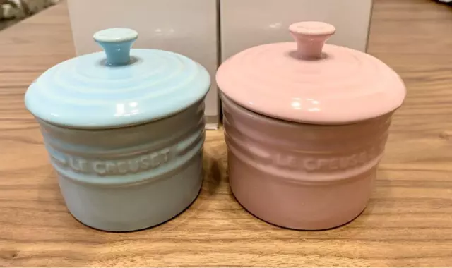 Le Creuset Small Canister 3 size Set of 2 Satin Blue Pink Spice jar Stoneware