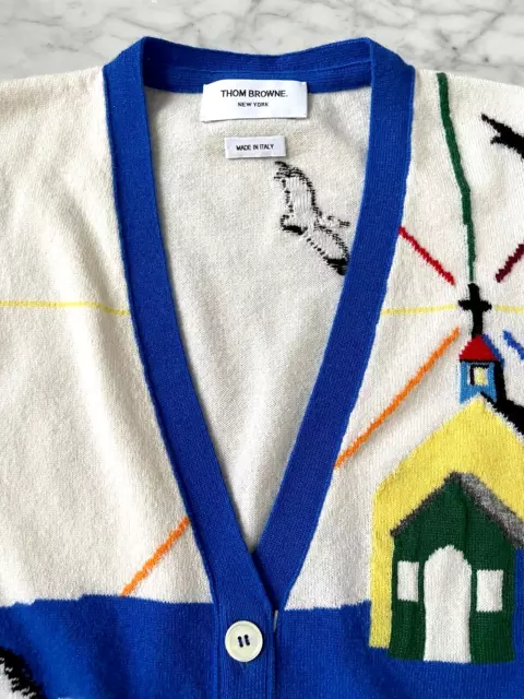 Thom Browne Blue & Cream Landscape Cashmere Cardigan - Sz 40 2