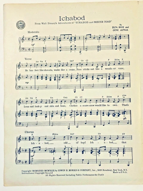 1949 WALT DISNEY FILM sheet music ICHABOD and MR TOAD THE ADVENTURES ...