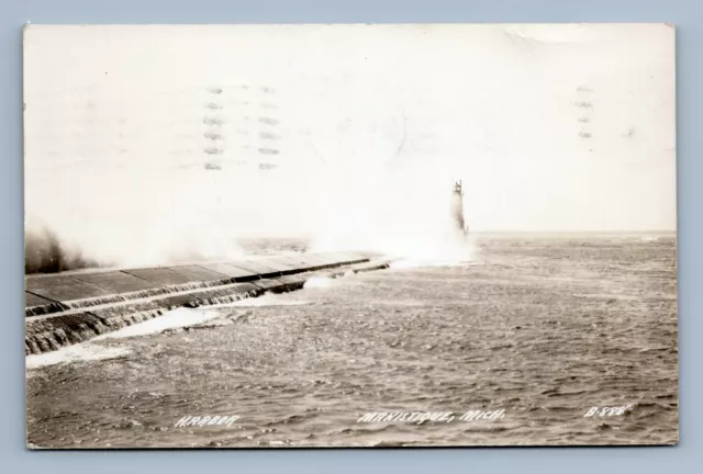 Manistique Michigan MI Harbor East Breakwater Light House RPPC Postcard 1946 vtg 2