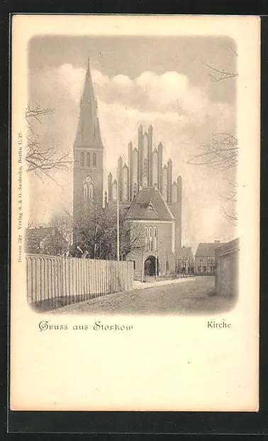 Storkow, Straßenpartie an der Kirche, Ansichtskarte