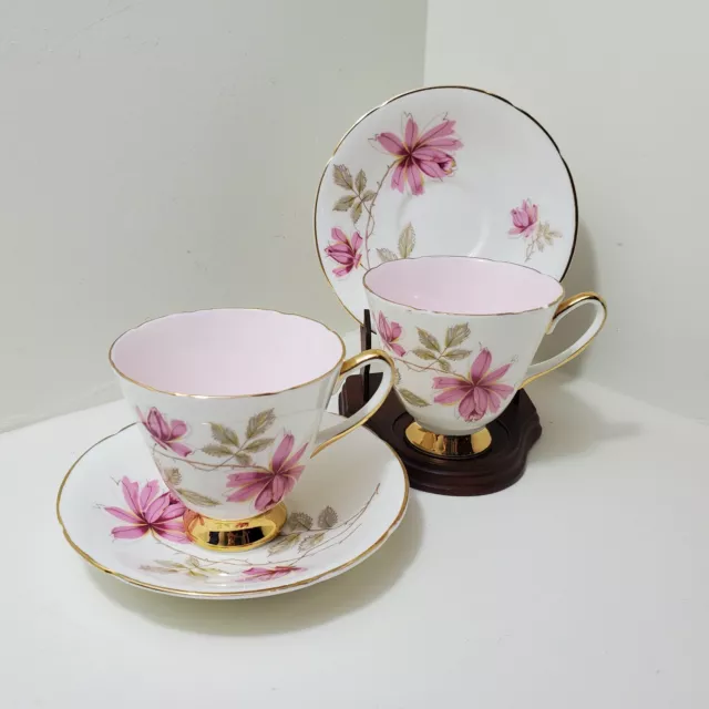 Vintage Old Royal Bone China Teacup & Saucer Pink Floral Footed Gold Trim 2 Sets