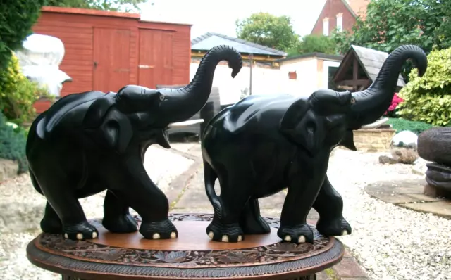 LARGE[3.2kg]  PAIR OF  EBONY -CEYLON-HAND CARVED WOODEN ELEPHANT-TRUNK UP