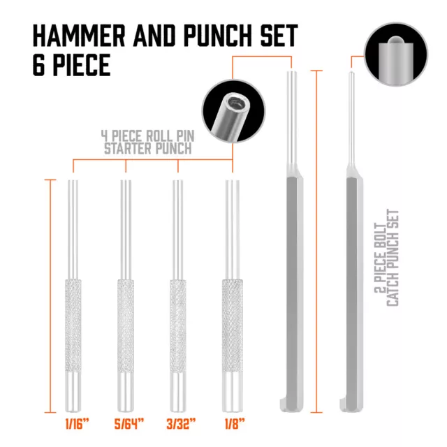 6 Pieces Roll Pin Starter Punch and Bolt Catch Install 1/16" 5/64" 3/32"