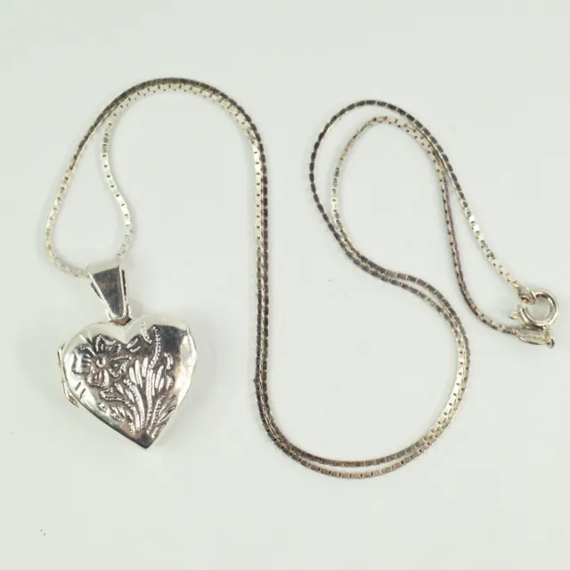 Sterling Silver Floral Heart Locket Pendant Box Chain Necklace
