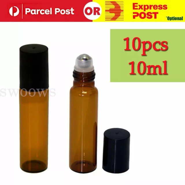 10X 10ml Roller Bottles Amber Thick Glass Steel Roll on Ball for Essential Oils