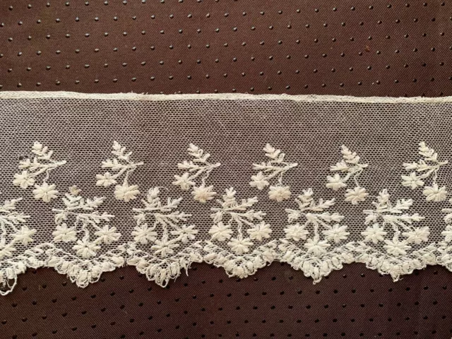 Vintage French 1910s Lace edging -Floral Embroidery on tulle cotton 185cm by 10