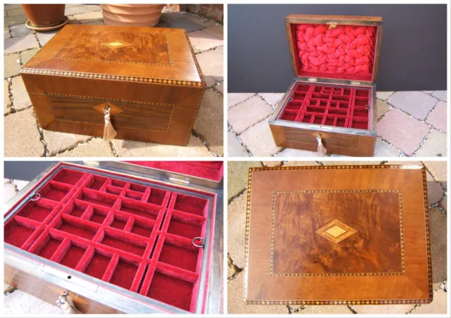 LARGE ANTIQUE JEWELLERY BOX - 19c FIGURED WALNUT INLAID - WONDERFUL INTERIOR