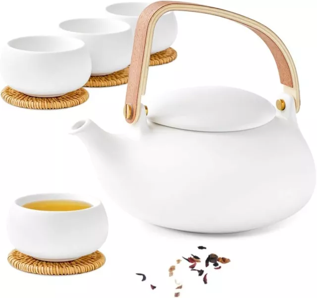 ZENS Teekanne mit Sieb, Holzgriff Matt Japanisches Teeservice Keramik 800ml,weiß