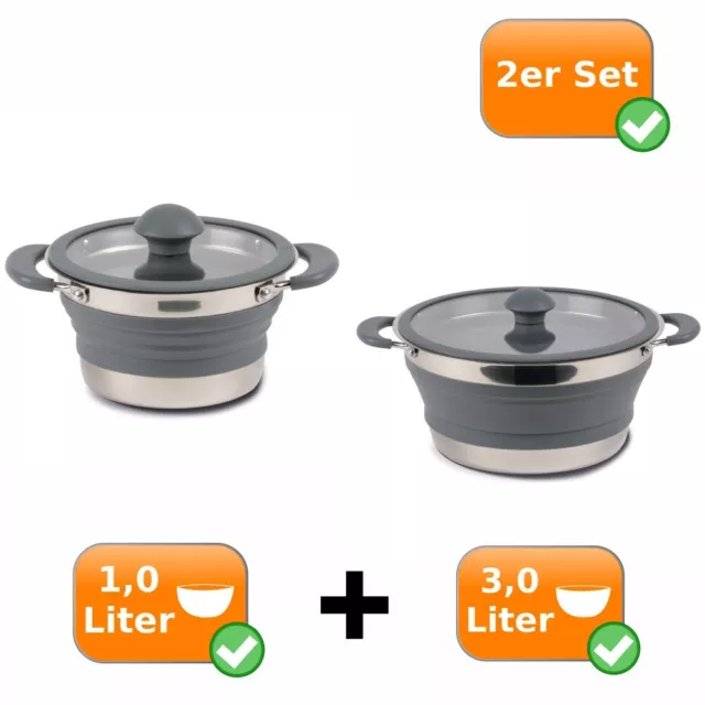 Silikon/Metall Kochtopfset Kochgeschirr faltbar Camping Töpfe 1,0 + 3,0L Grau