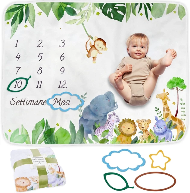 Coperta Mesi Neonato Con Cornici - Tema Fiori E Foglie, 130x100cm, Regalo Baby Shower Personalizzato - Foto 3
