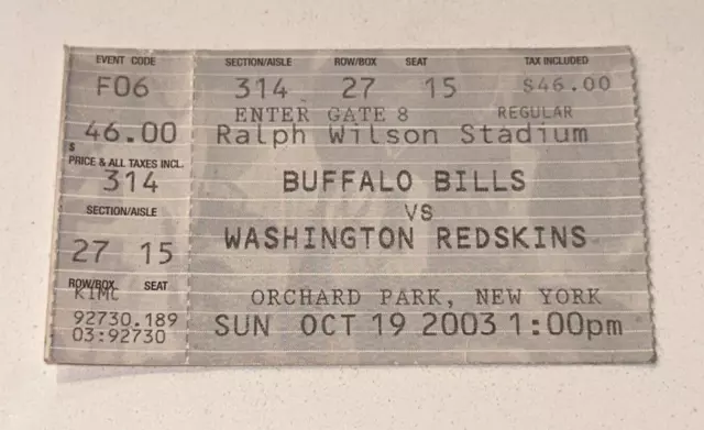 10/19/03 Orchard Park New York Buffalo Bills Redskins NFL Ticket Stub Bledsoe TD