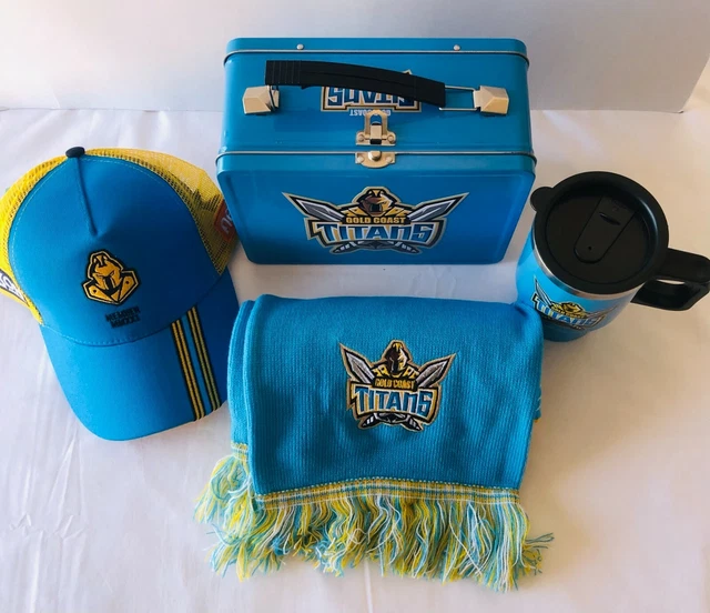 GOLD COAST TITANS Nrl Bundle Tin Lunch Box Scarf Coffee Coffee Flask