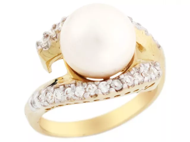 10k or 14k Solid Gold Freshwater Cultured Pearl and CZ Unique Bypass Style Ring