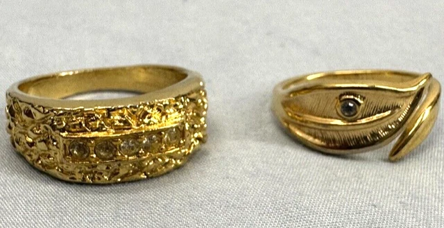 Vintage Pair Fashion Jewelry Band Ring Gold Tone Avon Rhinestones Nugget Feather
