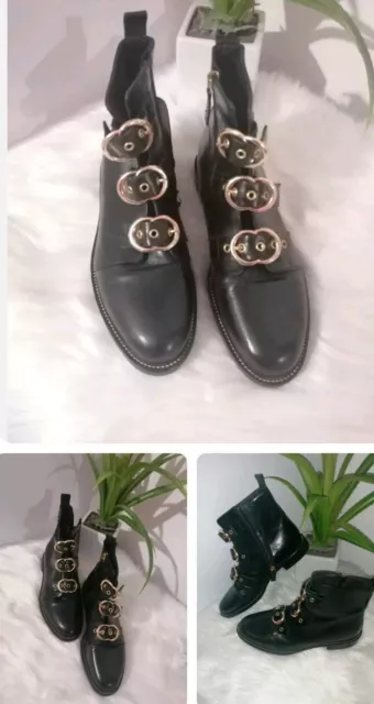 RUSSELL BROMLEY Striker Black LEATHER Gold Buckle Stud ANKLE