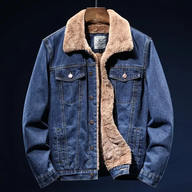 Mens Winter Warm Denim Jacket Work Casual Fleece Thick Jean Coats Cargo Outwear
