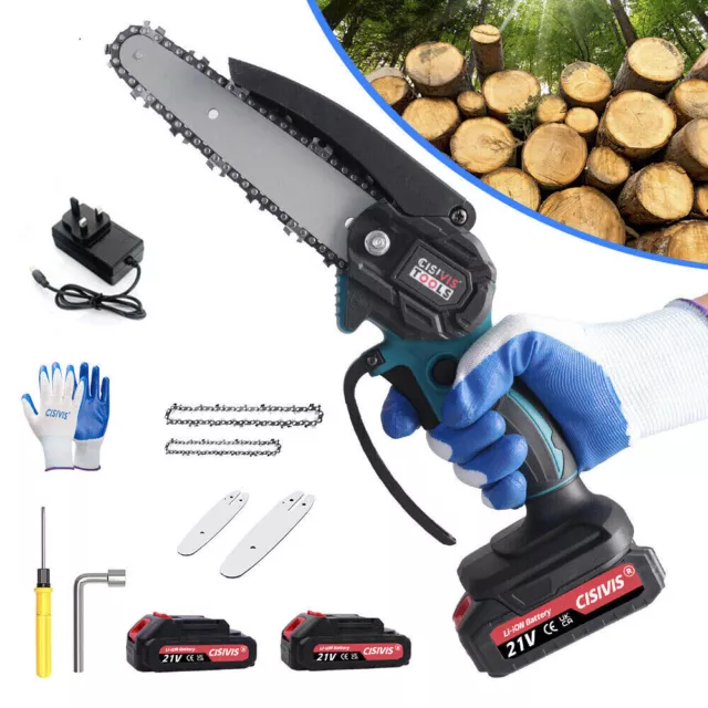 2 Batteries 6'' 3000W Mini Cordless Chainsaw Electric One-Hand Saw Wood Cutter