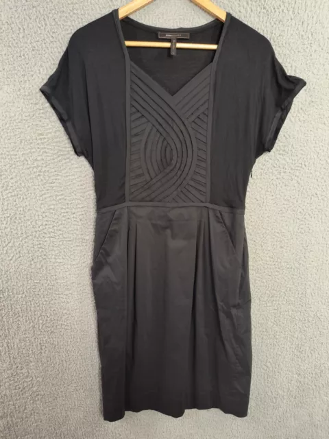 BCBG Maxazria Dress Medium Doree Black Pleated Front Short Sleeve Mixed Media