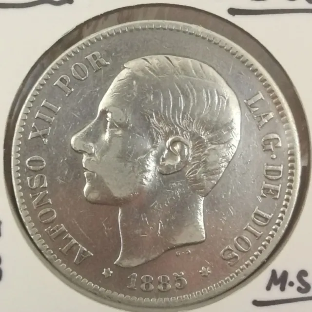 Feliciano. Moneda 5 pesetas de plata año 1885*85- B:C.  Alfonso XII. Original %