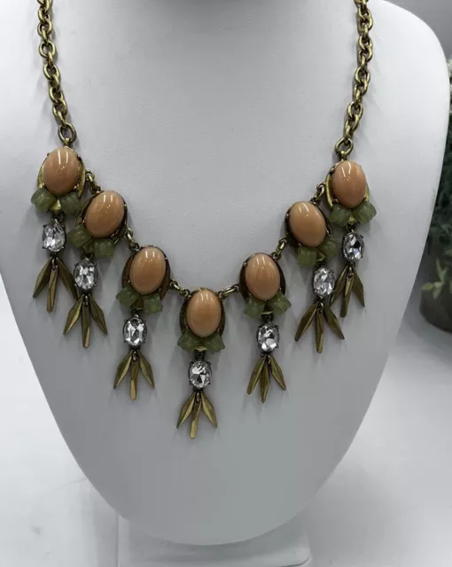 J. CREW Art Deco Muted Jade & Peach Crystal Drop Necklace Bib Princess Style