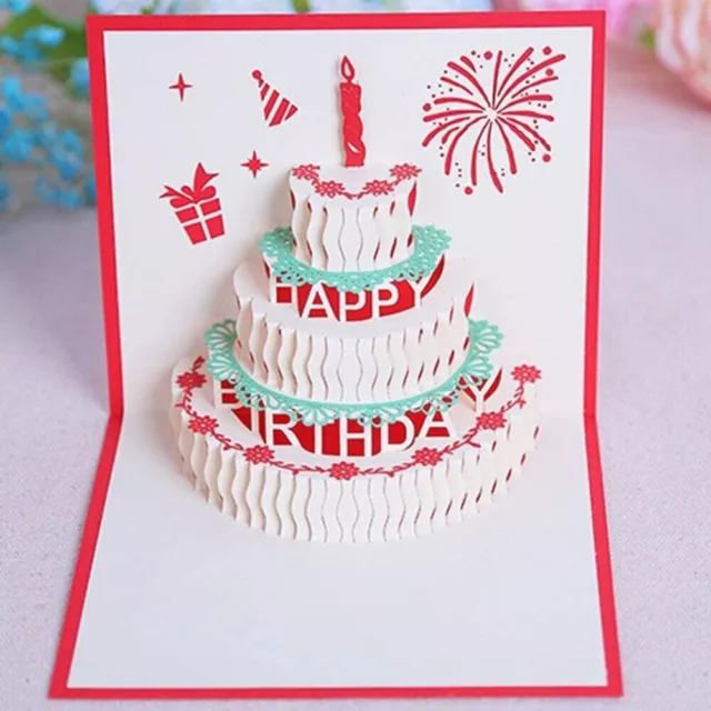 Tarjeta de pastel emergente 3D de feliz cumpleaños. Adecuado para todos. Tarjeta roja con vela roja.